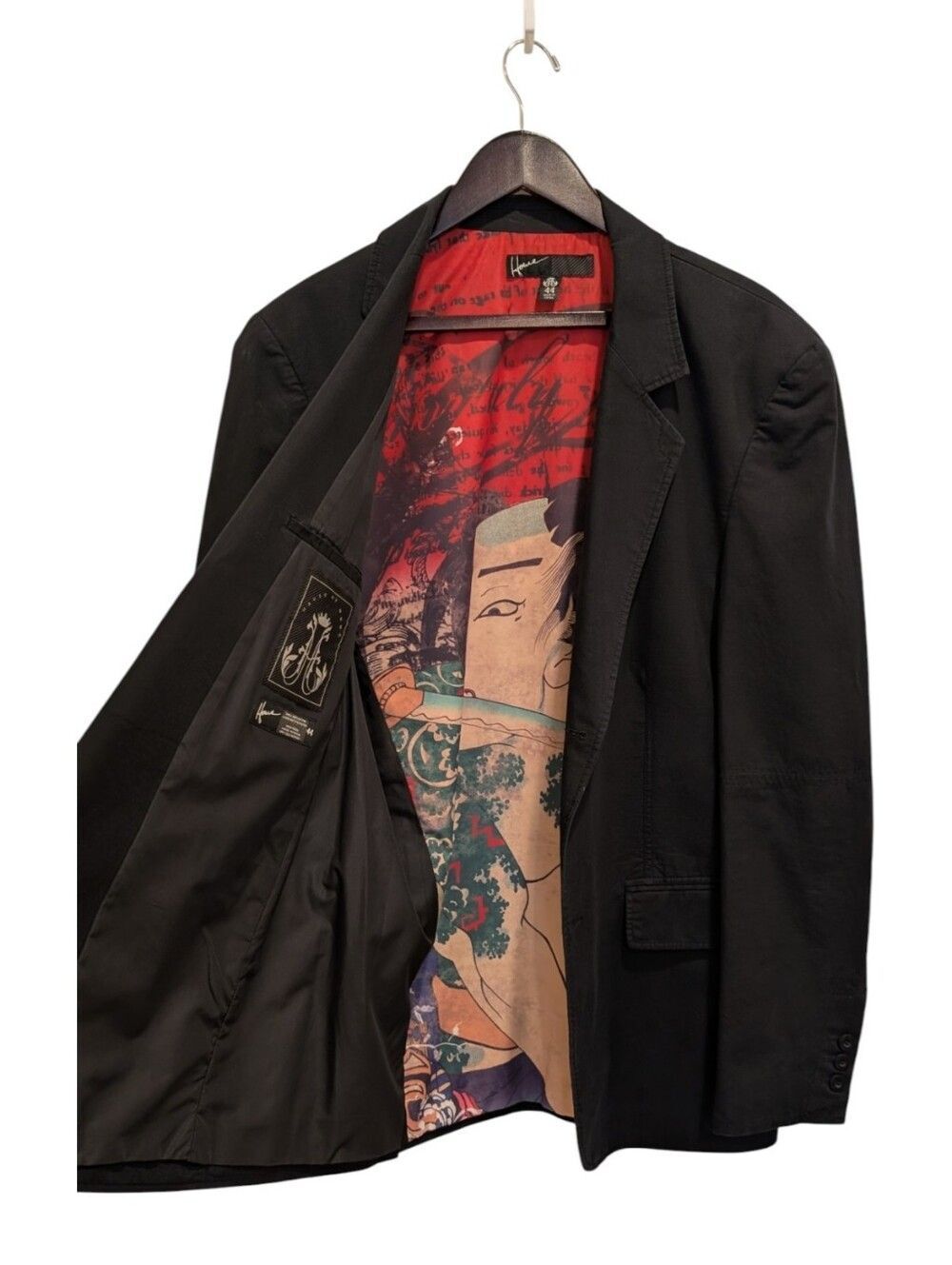 House of Howe Sz 44 Black Cotton 2-Button Blazer Japanese Samurai Graphic Lining